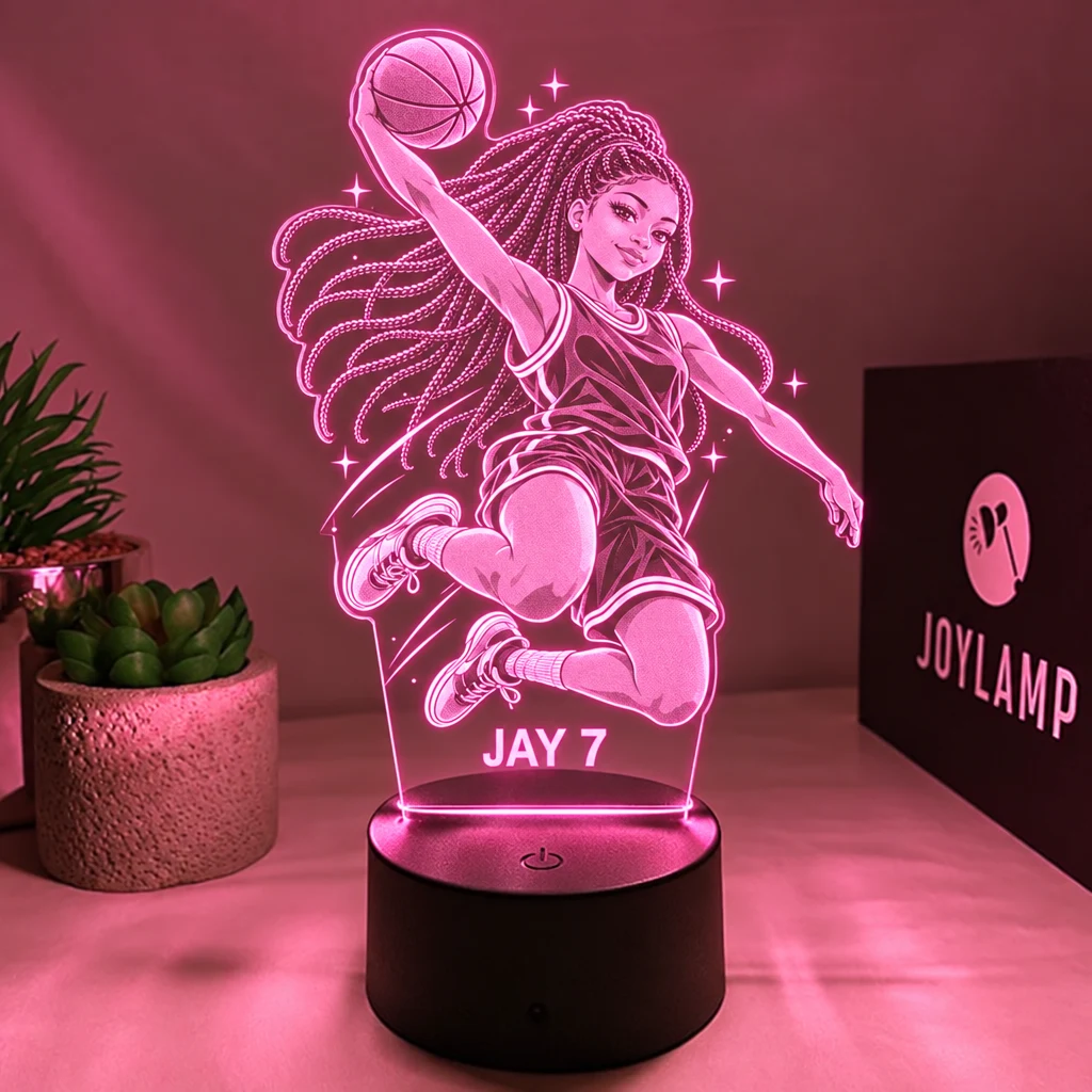 Her photo drawn as a basketball player in the Manga / Anime look, engraved on a JoyLamp