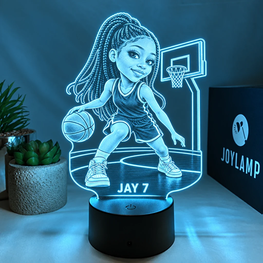 Her photo drawn as a basketball player in the Chibi look, engraved on a JoyLamp
