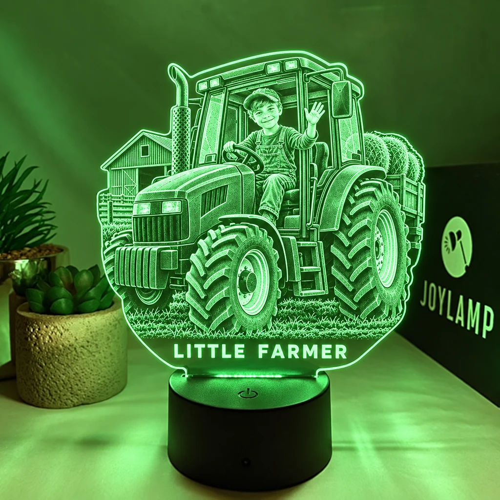 A custom tractor lamp, lit