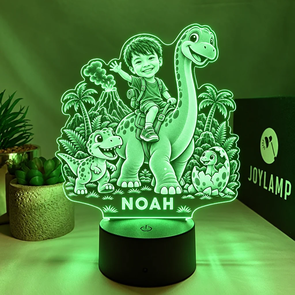 A custom dinosaur lamp, lit