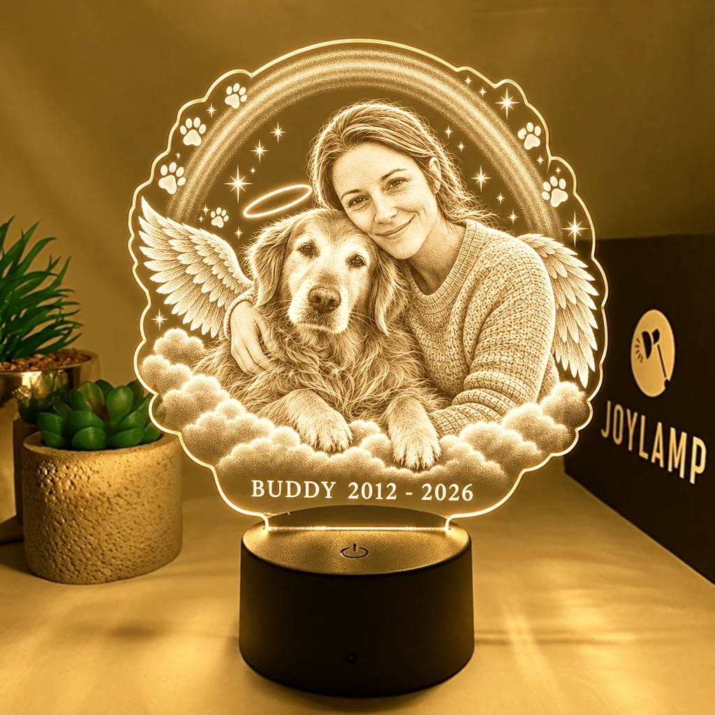 A custom pet memorial lamp, lit